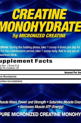 Label for MHP Creatine Monohydrate, 5g per serving, nutritional facts and benefits for muscle energy and strength.